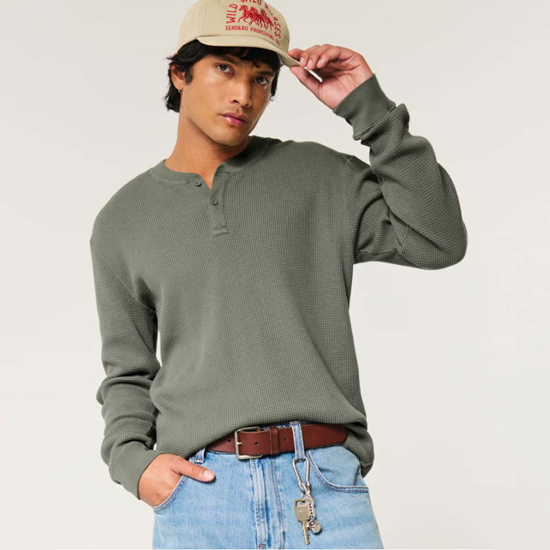 Long Sleeve Waffle Henley,