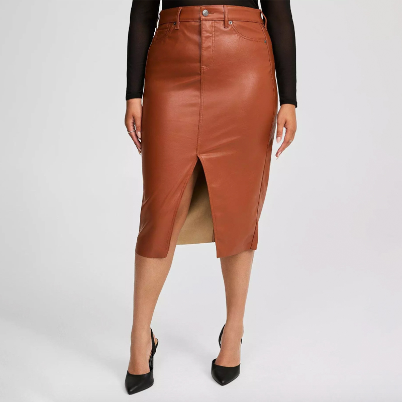 Midi Faux Leather Front Slit Skirt,