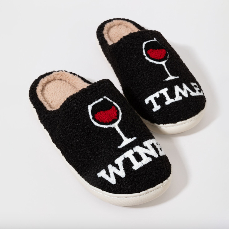 Wine Time Fuzzy Slippers